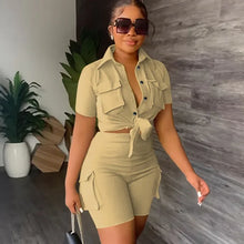 Load image into Gallery viewer, Streetwear Two Piece Set for Women Summer Outfits Pockets Short Sleeve Button-Up Shirt Top Short Sets Party Club Matching Sets
