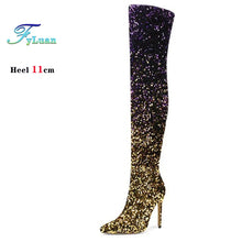 Load image into Gallery viewer, Shiny Gradient Sequins Over-the-Knee Long Boots Women Stiletto Thin High-Heeled Pointy Toe Thigh Boots Glitter Sequined Shoes
