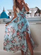 Load image into Gallery viewer, Summer Women Dress Floral Print Fashion Slim V-Neck Tie-Up Backless Chiffon Sexy Sleeveless Slit Maxi Cover-Ups Robe Beach Dress
