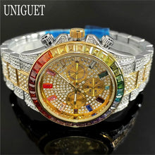 Load image into Gallery viewer, Hot Fashion Green Watches Men Brand UNIGUET Luxury Stainless Steel Hip Hop Rainbow Diamond Quartz Wristwatch Male Dropshipping ﻿
