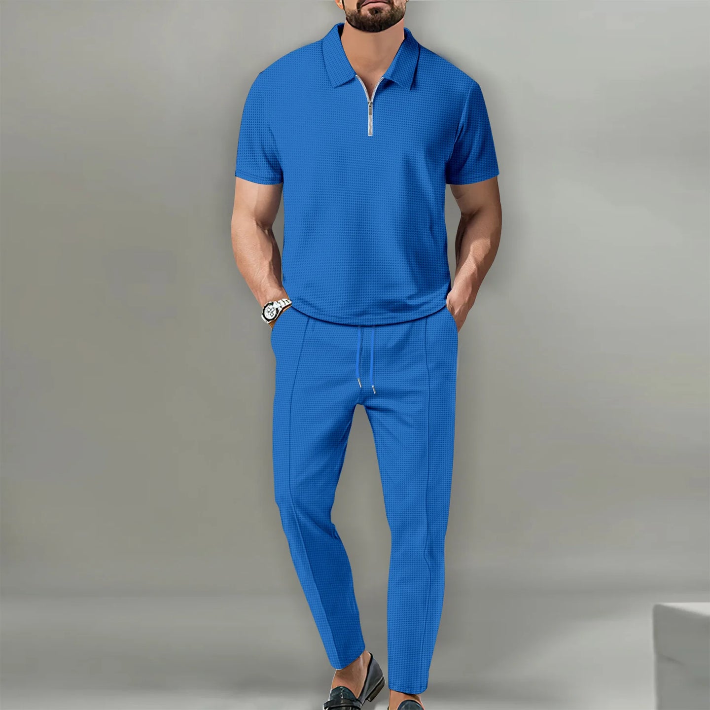 2025 New Men's POLO Shirt 2 Sets Casual Fashion Commercial Breathable Lapel, Pants pull rope Solid Color Men 2 sets