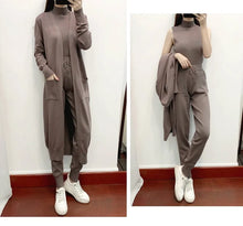 Load image into Gallery viewer, Fashion Women Sweater 3 Piece Set Tracksuit Spring Autumn Long Cardigan Coat + Half Turtleneck Vest + Pants Knitted Suits Outfit
