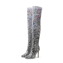 Load image into Gallery viewer, Shiny Gradient Sequins Over-the-Knee Long Boots Women Stiletto Thin High-Heeled Pointy Toe Thigh Boots Glitter Sequined Shoes
