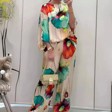 Load image into Gallery viewer, Casual Sets for Women 2 pieces Summer Fashion Printed Satin Two Piece Sets Women Sexy Round Neck Top+Wide Leg Long Pants Outfits
