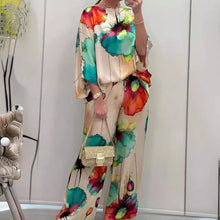 Load image into Gallery viewer, Casual Sets for Women 2 pieces Summer Fashion Printed Satin Two Piece Sets Women Sexy Round Neck Top+Wide Leg Long Pants Outfits
