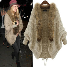 Load image into Gallery viewer, Women Cardigans Sweater Thick Poncho Capes 2025 Autumn Winter Femme Knitted Bat Sleeve Fur Collar Sweater Knitted Long Cardigan
