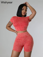 Load image into Gallery viewer, Summer Black Stretch Cotton Washed Printed Short Sleeve Crop Tops and Shorts Two 2 Piece Set Women Jogger Suit Fitness Tracksuit
