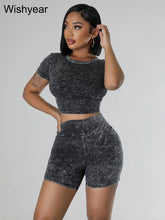 Load image into Gallery viewer, Summer Black Stretch Cotton Washed Printed Short Sleeve Crop Tops and Shorts Two 2 Piece Set Women Jogger Suit Fitness Tracksuit
