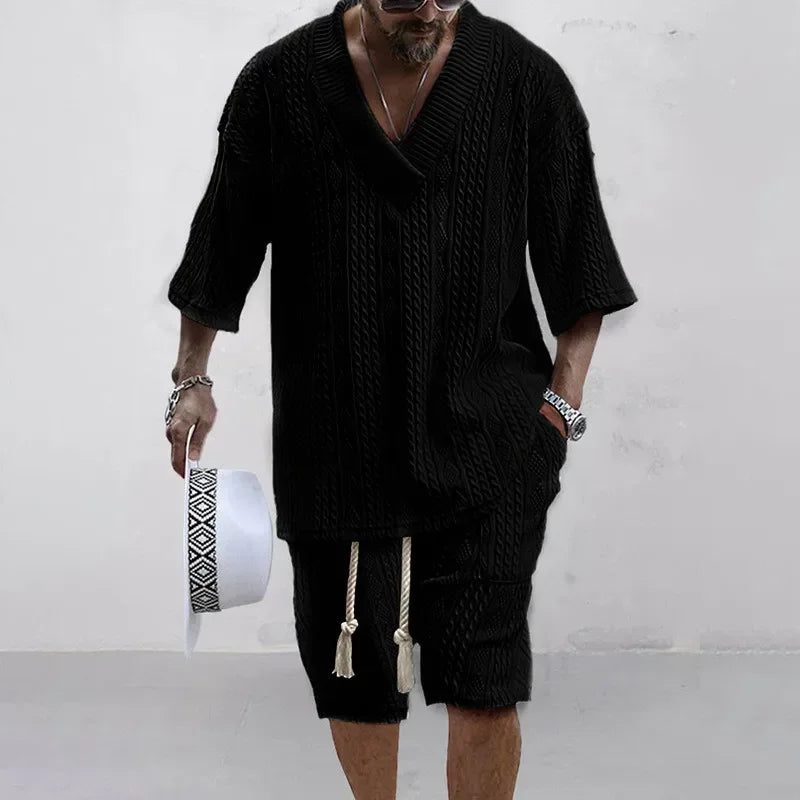 Summer Sports Suit Men's V-neck Top Loose Two-piece Set Men's Casual Trend Street Retro Suit new in men's sets sollid