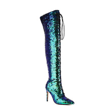 Load image into Gallery viewer, Women&#39;s New Fashionable Nightclub Style Pointed High Heel Large Sequin Lace up Boots High Leg Over Knee Long Boots
