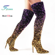 Load image into Gallery viewer, Shiny Gradient Sequins Over-the-Knee Long Boots Women Stiletto Thin High-Heeled Pointy Toe Thigh Boots Glitter Sequined Shoes
