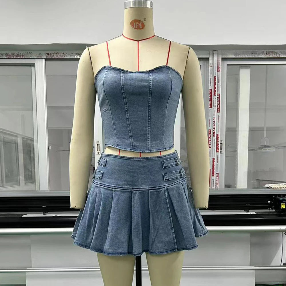 Sexy Summer Outfits Women 2024 Fashion Jean Dress with Skirt 2 Piece Sets Bustier Blue Denim Two Piece Outfit Split Skirt Set