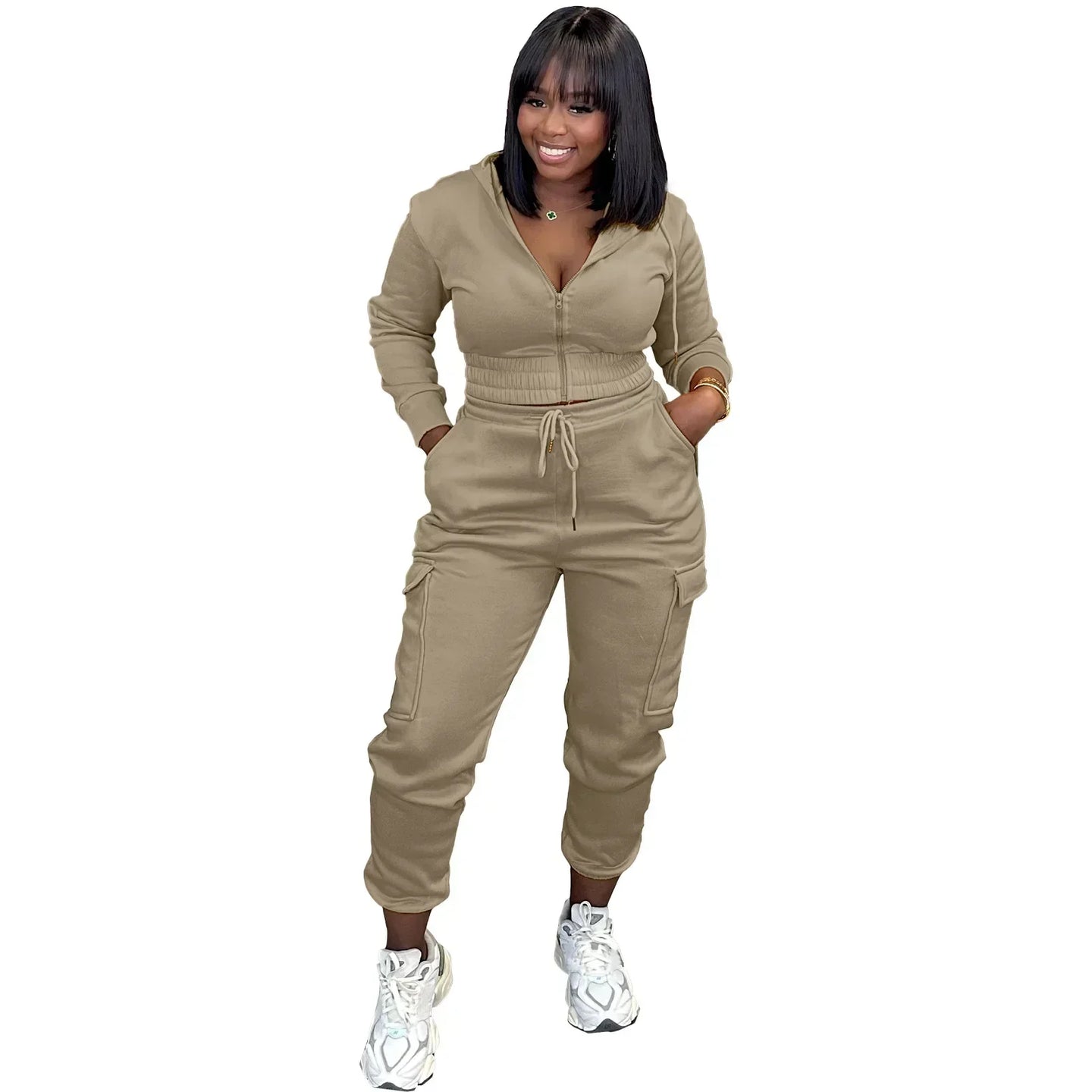 CM.YAYA Fashion Women's Set Long Sleeve Zipper Fly Hoodies and Jogger Cargo Pants 2023 Active Two 2 Piece Sets Outfit Tracksuit