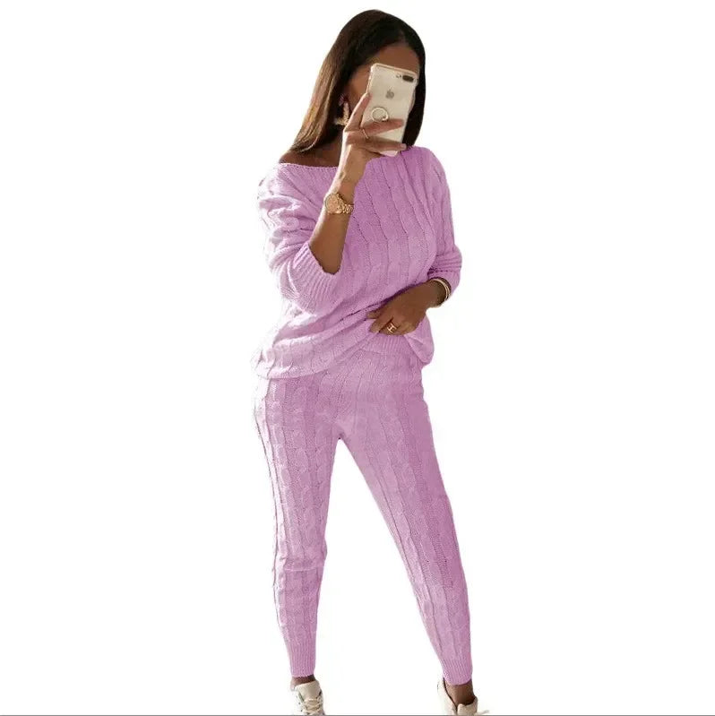 Autumn Winter Women 2 Piece Set Casual Knitted Tracksuit Sportswear Warm Sweater + Long Pants Outfits Women Autumn Wear S-5XL