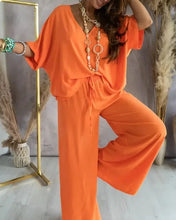 Load image into Gallery viewer, Summer White Two Piece Set For Women V Neck Bat Sleeve Top Casual Loose Lace Up Wide-leg Pants 2 Piece Suit Home Outfits Women&#39;s
