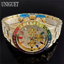 Load image into Gallery viewer, Hot Fashion Green Watches Men Brand UNIGUET Luxury Stainless Steel Hip Hop Rainbow Diamond Quartz Wristwatch Male Dropshipping ﻿
