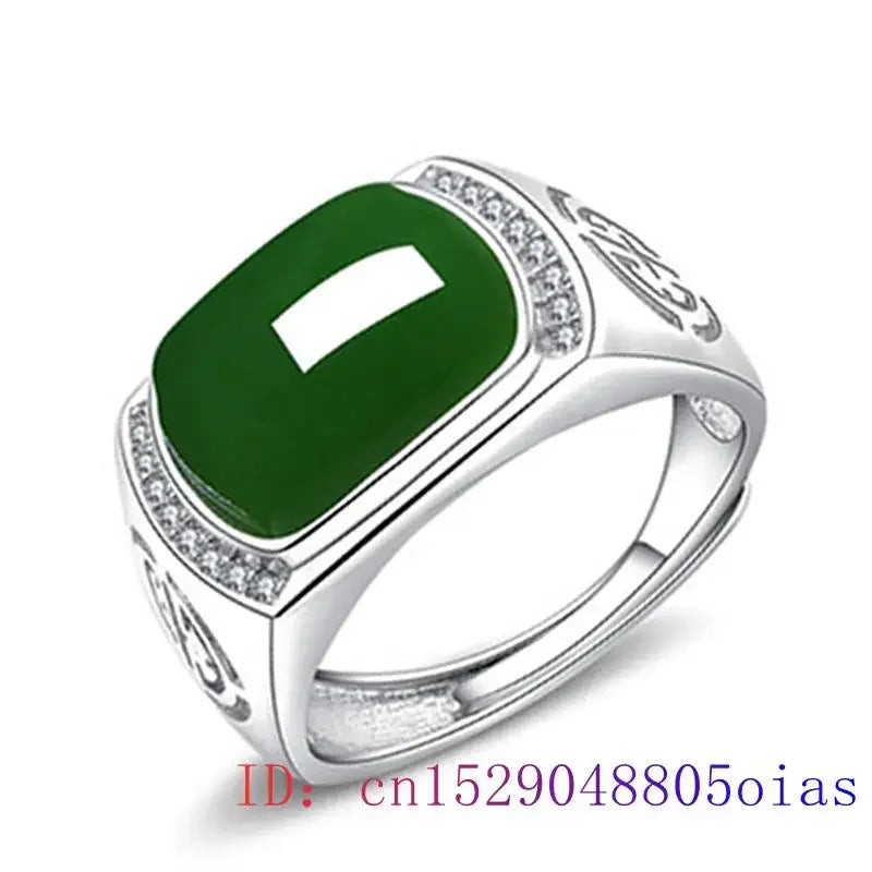Green Jade Ring Gifts Fashion Men Charm Gemstone Crystal Women Jewelry Zircon 925 Silver Amulet Chalcedony Natural