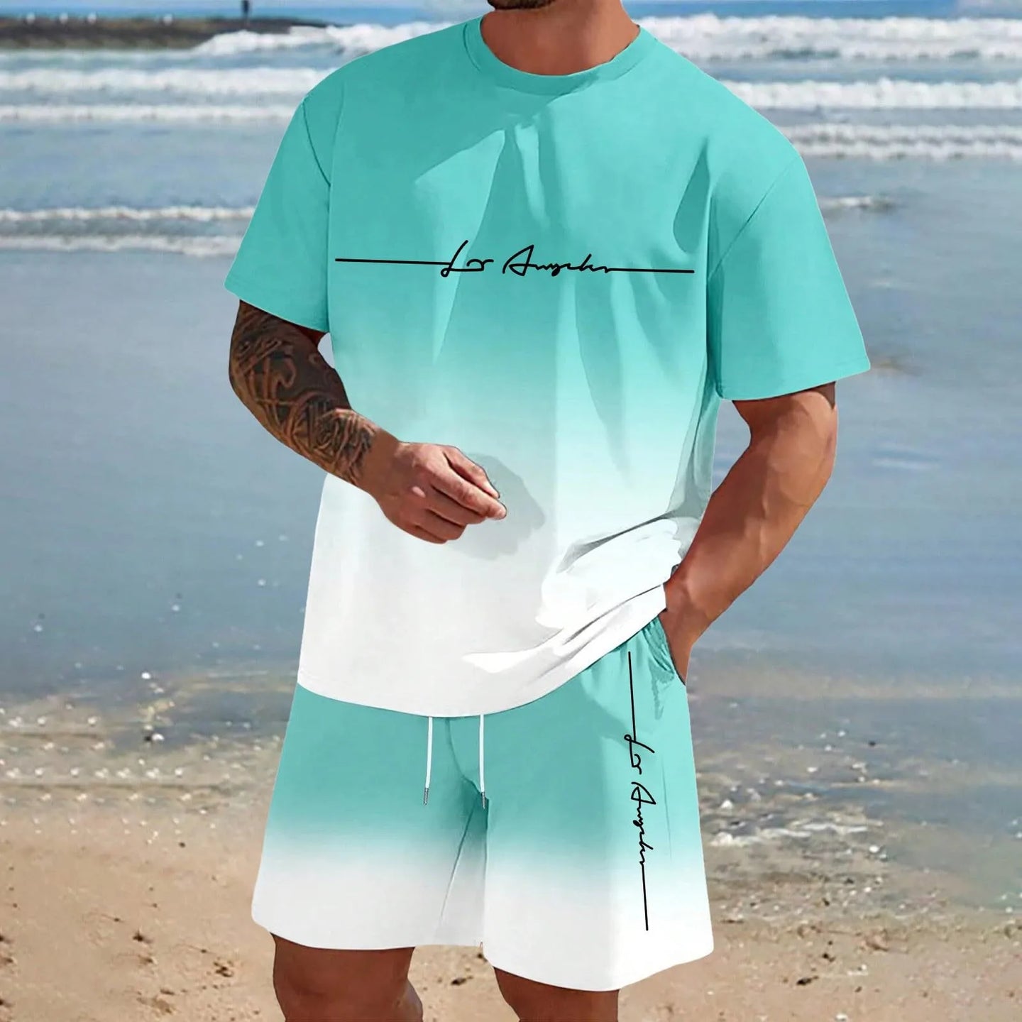 Men'S Summer Suit Short-Sleeved T-Shirt Top Loose Shorts Pure Cotton Letter Print Round Neck Outdoor Breathable Casual Men Wear