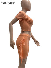 Load image into Gallery viewer, Sports Suit Casual Two Piece Sets Womens Clothing Summer O-Neck Short Sleeve Crop T-Shirt and Tassel Shorts Jogging Tracksuits
