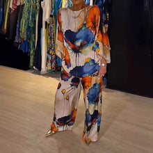 Load image into Gallery viewer, Casual Sets for Women 2 pieces Summer Fashion Printed Satin Two Piece Sets Women Sexy Round Neck Top+Wide Leg Long Pants Outfits
