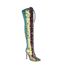 Load image into Gallery viewer, Women&#39;s New Fashionable Nightclub Style Pointed High Heel Large Sequin Lace up Boots High Leg Over Knee Long Boots
