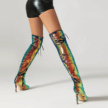 Load image into Gallery viewer, Women&#39;s New Fashionable Nightclub Style Pointed High Heel Large Sequin Lace up Boots High Leg Over Knee Long Boots
