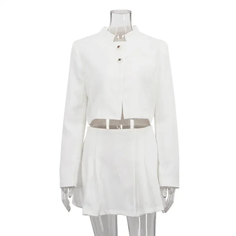 New Elegant Y2K Long Sleeve Button Blazer Coat Crop Top Pleated Skirt Suit for Women Outfits Autumn Women Two Piece Skirt Set