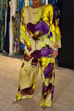 Load image into Gallery viewer, Casual Sets for Women 2 pieces Summer Fashion Printed Satin Two Piece Sets Women Sexy Round Neck Top+Wide Leg Long Pants Outfits
