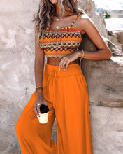 Load image into Gallery viewer, Casual Vacation Beach Outfits Sexy Hollow Out Suspender Top And Long Pants Set New Summer Fashion Lace Up Printed Women&#39;s Suit

