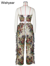 Load image into Gallery viewer, Fashion Printed 2 Two Pieces Outfits for Women Strapless Crop Top and Wide Leg Pants Tassels Matching Sets Birthday Clubwear
