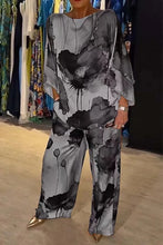 Load image into Gallery viewer, Casual Sets for Women 2 pieces Summer Fashion Printed Satin Two Piece Sets Women Sexy Round Neck Top+Wide Leg Long Pants Outfits
