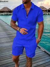 Load image into Gallery viewer, New 2024 Men&#39;s Polo Suit Fashion Men Sets Solid Summer V-neck Zipper Short Sleeve POLO Shirt+Shorts Two Pieces Men Casual Suit
