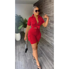 Load image into Gallery viewer, Streetwear Two Piece Set for Women Summer Outfits Pockets Short Sleeve Button-Up Shirt Top Short Sets Party Club Matching Sets

