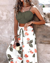 Load image into Gallery viewer, Casual Vacation Beach Outfits Sexy Hollow Out Suspender Top And Long Pants Set New Summer Fashion Lace Up Printed Women&#39;s Suit
