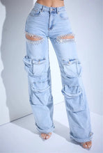 Load image into Gallery viewer, CM.YAYA Women Cutout Diamonds Crystal Hollow Out Straight Denim Pants 2024 Fall Multi Pocket High Waist Wide Leg Jeans Trousers
