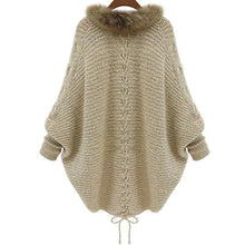 Load image into Gallery viewer, Women Cardigans Sweater Thick Poncho Capes 2025 Autumn Winter Femme Knitted Bat Sleeve Fur Collar Sweater Knitted Long Cardigan
