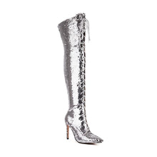 Load image into Gallery viewer, Women&#39;s New Fashionable Nightclub Style Pointed High Heel Large Sequin Lace up Boots High Leg Over Knee Long Boots
