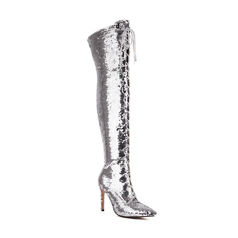 Women's New Fashionable Nightclub Style Pointed High Heel Large Sequin Lace up Boots High Leg Over Knee Long Boots