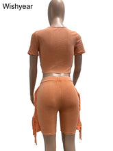 Load image into Gallery viewer, Sports Suit Casual Two Piece Sets Womens Clothing Summer O-Neck Short Sleeve Crop T-Shirt and Tassel Shorts Jogging Tracksuits
