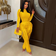 Load image into Gallery viewer, Elegant 2 Piece Sets Women Outfit 2024 Autumn Winter Long Sleeve Bodysuit Top and Tassel Pants Matching Sets Conjuntos Femininos

