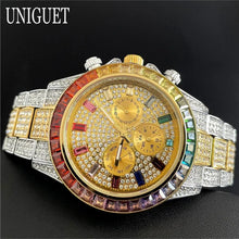 Load image into Gallery viewer, Hot Fashion Green Watches Men Brand UNIGUET Luxury Stainless Steel Hip Hop Rainbow Diamond Quartz Wristwatch Male Dropshipping ﻿
