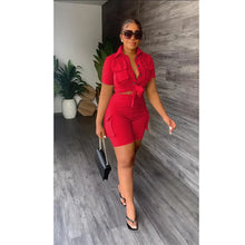 Load image into Gallery viewer, Streetwear Two Piece Set for Women Summer Outfits Pockets Short Sleeve Button-Up Shirt Top Short Sets Party Club Matching Sets
