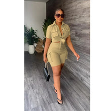 Load image into Gallery viewer, Streetwear Two Piece Set for Women Summer Outfits Pockets Short Sleeve Button-Up Shirt Top Short Sets Party Club Matching Sets
