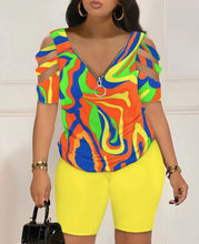 Load image into Gallery viewer, Fashion Sexy Hollow Out T Shirt And Shorts 2 Piece Sets Women Outfit Summer Casual Loose Print T Shirts Two Piece Set For Women
