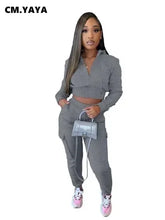 Load image into Gallery viewer, CM.YAYA Fashion Women&#39;s Set Long Sleeve Zipper Fly Hoodies and Jogger Cargo Pants 2023 Active Two 2 Piece Sets Outfit Tracksuit
