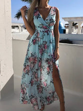 Load image into Gallery viewer, Summer Women Dress Floral Print Fashion Slim V-Neck Tie-Up Backless Chiffon Sexy Sleeveless Slit Maxi Cover-Ups Robe Beach Dress
