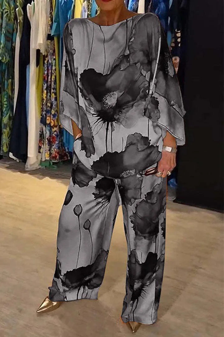 Casual Sets for Women 2 pieces Summer Fashion Printed Satin Two Piece Sets Women Sexy Round Neck Top+Wide Leg Long Pants Outfits