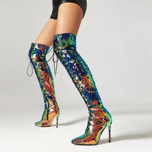 Load image into Gallery viewer, Women&#39;s New Fashionable Nightclub Style Pointed High Heel Large Sequin Lace up Boots High Leg Over Knee Long Boots
