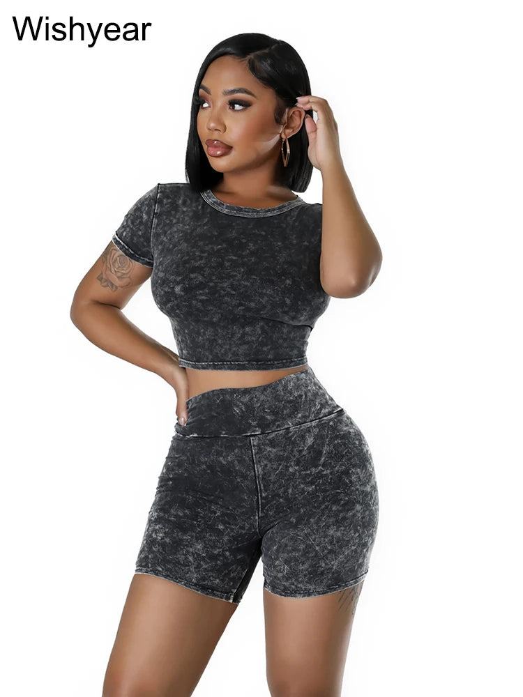 Summer Black Stretch Cotton Washed Printed Short Sleeve Crop Tops and Shorts Two 2 Piece Set Women Jogger Suit Fitness Tracksuit