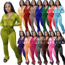 Load image into Gallery viewer, Outfits for Women 2 Piece Set 2023 Solid Gold Velvet Suit y2k Tracksuit Women Street Casual Hoodie Sweatshirt Flared Pants Sets
